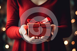 Closeup of woman hands holding Christmas present