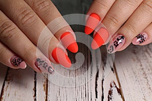 Closeup of woman hands with nail design