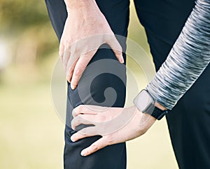 Closeup woman, knee pain and injury for fitness, first aid emergency and exercise health risk at park. Legs of female
