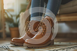 closeup of woman lacing up leather ankle boots