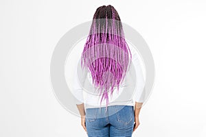 Closeup woman pink dreadlocks and afro braids. African american girl hair style back rear view isolated on white background.
