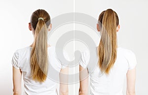 Closeup woman before after ponytails back view isolated white background. Hair Natural blonde straight long Hairstyle. Easy quick photo