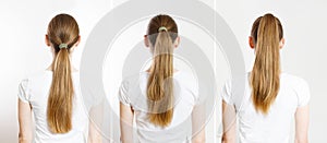 Closeup woman before after ponytails back view isolated white background. Hair Natural blonde straight long Hairstyle. Easy quick