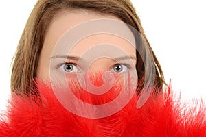 Closeup woman with red feather fan