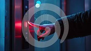 Closeup of a woman& x27;s finger entering password code on the smart digital touch screen keypad entry door lock in front