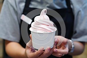 Closeup of woman `s hand holding takeaway cup with organic frozen yogurt ice cream