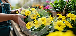 closeup of a woman's hands choosing potted yellow petunia flower seedlings to buy at garden centre. banner