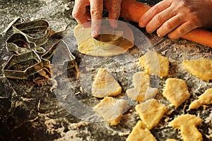Closeup of woman`s hands working with dough and making biscuits