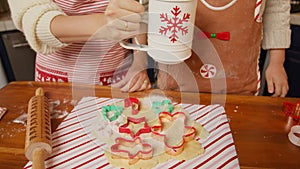 Closeup of woman and son sprinkling flour on gingerbread cookies at kitchen 4K