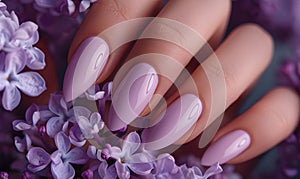 Closeup of womans hand with purple nails holding flowers