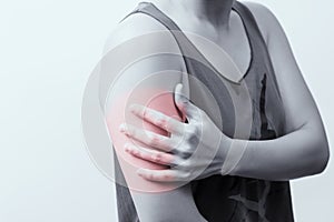 Closeup women arm and shoulder pain/injury with red highlights on pain area with white backgrounds