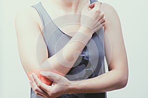 Closeup women elbow pain/injury with red highlights on pain area with white backgrounds, healthcare and medical concept