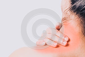 Closeup women neck and shoulder pain/injury with red highlights on pain area with white background, healthcare and medical concept