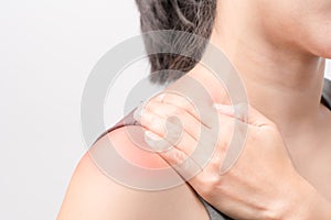 Closeup women neck and shoulder pain/injury with red highlights on pain area with white background, healthcare and medical concept