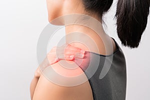 Closeup women neck and shoulder pain/injury with red highlights on pain area with white background, healthcare and medical concept