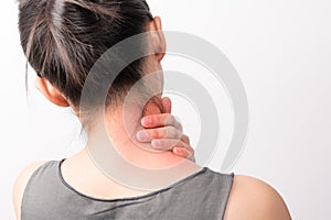 Closeup women neck and shoulder pain/injury with red highlights on pain area with white background, healthcare and medical concept