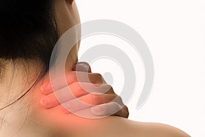 Closeup women neck and shoulder pain/injury with red highlights on pain area with white background, healthcare and medical concept