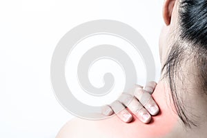 Closeup women neck and shoulder pain/injury with red highlights on pain area with white background, healthcare and medical concept