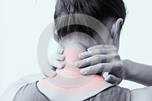 Closeup women neck and shoulder pain/injury with red highlights on pain area with white backgrounds, healthcare and medical