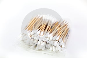 Wood cotton buds wrapped and isolated on white backgroundground