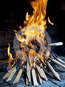 Closeup of wood fire for barbecue