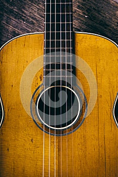 Closeup of wooden acoustic guitar from above