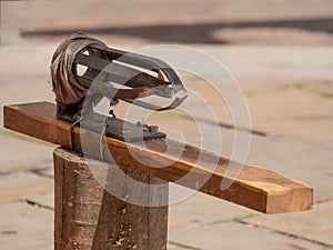 Closeup of a wooden Arado de Madera outdoors, sunlit paving stones blurred background photo