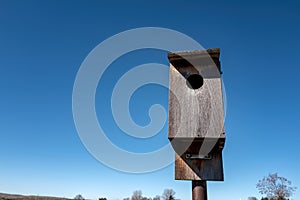 Closeup of a wooden birdhouse against blue sky