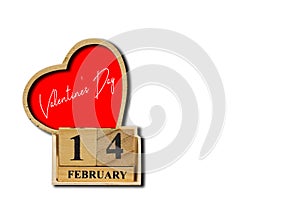 closeup Wooden blocks of date 14 February on red heart background with heart and word LOVE. Love and valentine`s day concept