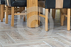 Closeup of wooden chairs and table legs