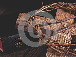 Cross and Crown of Thorns With Holy Bible photo