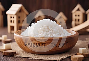 Closeup of wooden cubes with text Zakat on wooden bowl with rice grain and mini house on the background. Islamic zakat concept