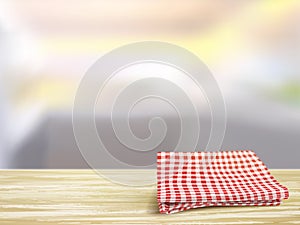 Closeup of wooden desk and tablecloth in room