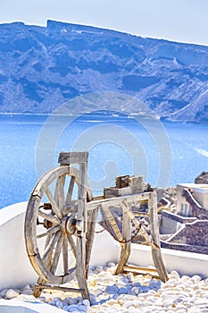 Closeup of wooden Distaff Located in Oia Village in Santorini Island in Greece