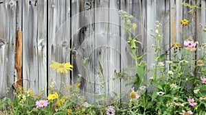 A closeup of a wooden fence partially obscured by overgrown weeds and wildflowers leading up to a weathered barn with a