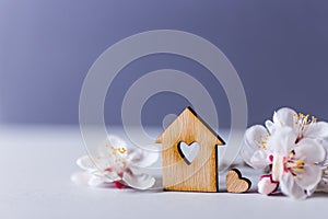 Closeup wooden house with hole in form of heart surrounded by white flowering tree branches on gray background