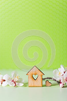 Closeup wooden house with hole in form of heart surrounded by white flowering tree branches on green background