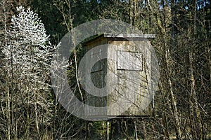 Closeup of a wooden lookout tower for hunting in the woods