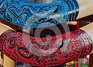 Closeup of wooden painted boomerangs