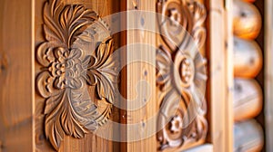 A closeup of a wooden sauna door reveals intricate carvings and details highlighting the cultural significance of saunas