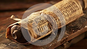 A closeup of a wooden scroll containing handwritten Sanskrit text carefully preserved with a protective covering of