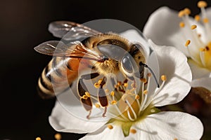 Closeup Of Worker Bee Collecting Pollen From Blossom. Generative AI