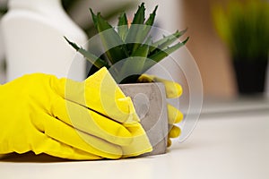 Closeup of worker hand wiping dust in office