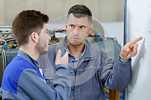 Closeup worker pointing to white board