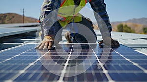 A closeup of a worker securely fastening a solar panel onto the frame on the roof photo