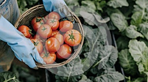 A closeup of a workers gloved hand holding a basket of freshly picked vibrant red tomatoes against a backdrop of rows of