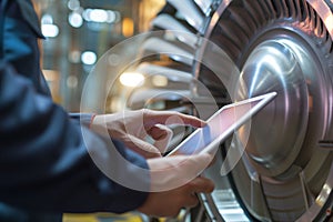 closeup of a workers hand using a tablet with a gas turbine in the background