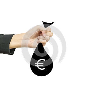 Closeup working woman hand hold a money bag in euro currency isolated on white background in business concept with clipping path