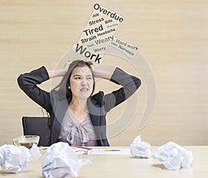 Closeup working woman are stressed from work on wooden desk and wall textured background in room , asian woman stressful job conce