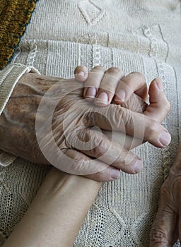 Closeup wrinkled hand holding a younger hand